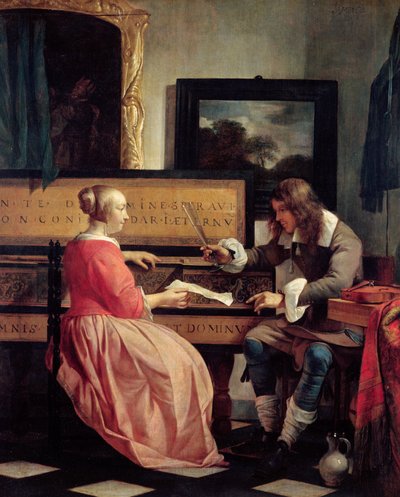 Un uomo e una donna seduti vicino a un virginale, c.1665 da Gabriel Metsu